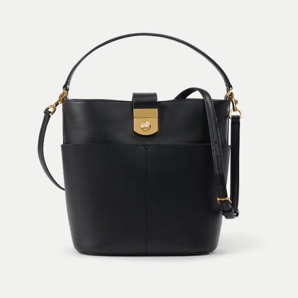 Veronica Beard Black Leather Small Crest Lock Bucket Bag - New Never Used